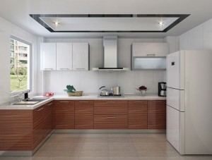 L-shaped Two-tone Laminate Stainless Steel Kitchen Cabinet