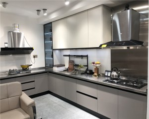 Modern Cream & Gray Laminate Stainless Steel Wall & Base Cabinets