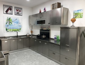 Kabinet Dapur Keluli Tahan Karat Bersikat Kelabu berbentuk L Dapur RTA Isi Rumah