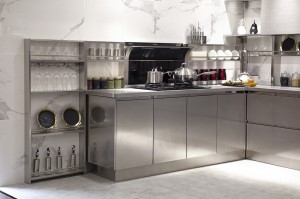 U-образни сиви кухненски шкафове от неръждаема стомана за храни