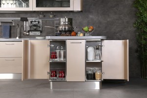 Modern L-shaped Beige Lacquer Stainless Steel Kitchen Cabinets