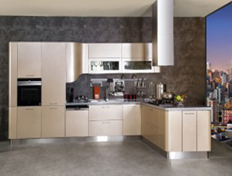 Modern L-shaped Beige Lacquer Stainless Steel Kitchen Cabinets Featured Image
