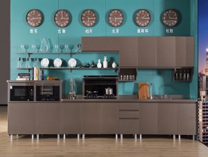 Šiuolaikinės pilkos spalvos nerūdijančio plieno virtuvės spintelės