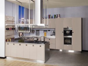 Mūsdienīgi smilškrāsas lakas nerūsējošā tērauda virtuves skapji